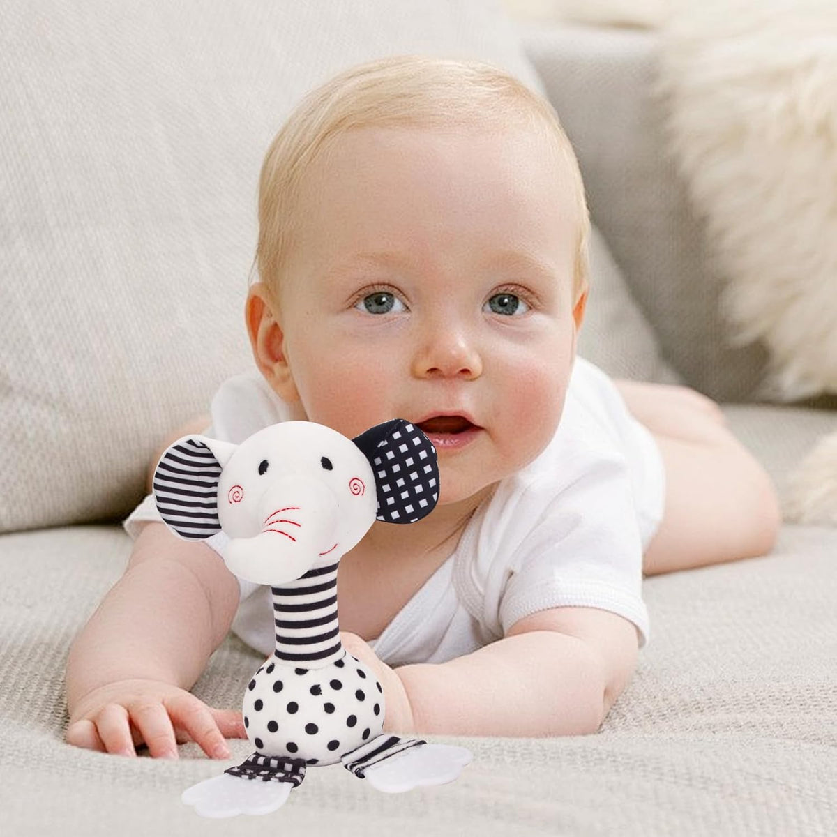 Black & White Elephant Baby Toys 0-12 Months - Plush Sensory Rattle with Teether, Wind Chime, BB