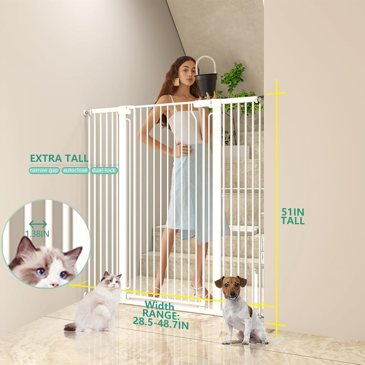 51" Extra Tall Cat Gate 28.5"-48.7" Wide, Auto Close, Pressure Mounted, for Cats & Small Dogs