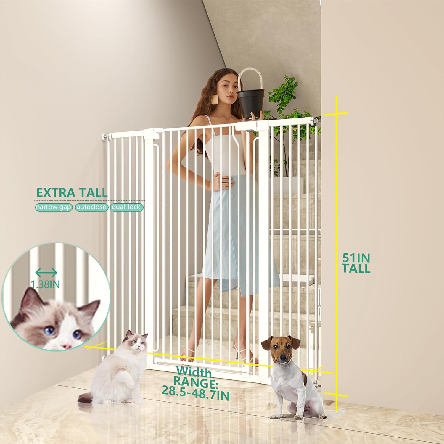 51" Extra Tall Cat Gate 28.5"-48.7" Wide, Auto Close, Pressure Mounted, for Cats & Small Dogs