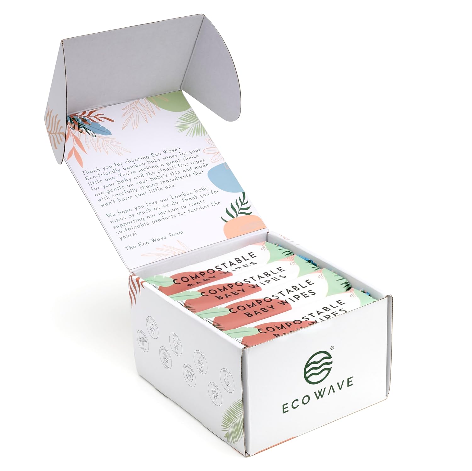 Eco Wave Baby Wipes, 100% Compostable Eco-Friendly Bamboo Wipes, Unscented, Hypoallergenic, Vegan