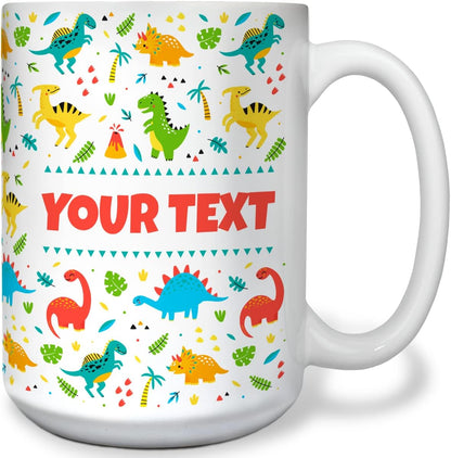 Personalized Mug for Kids - Dinosaurs - Custom Name/Text, Ceramic Hot Chocolate/Cocoa/Coffee Cup