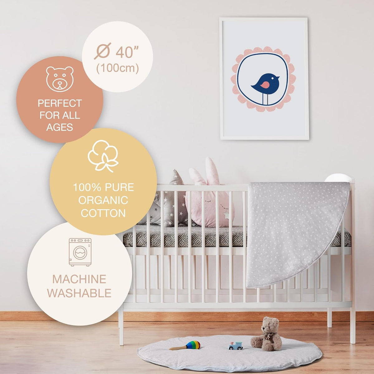 Byrd & Blume Round Baby Play Mat, Organic Cotton Soft Padded Nursery Floor Mat, Safe Hypoallergenic