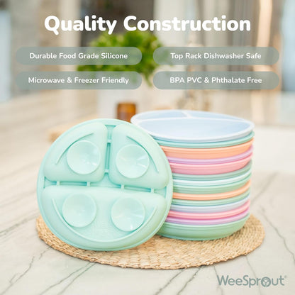 WeeSprout Suction Plates with Lids for Babies & Toddlers - 100% Silicone, Dinnerware Stays Put