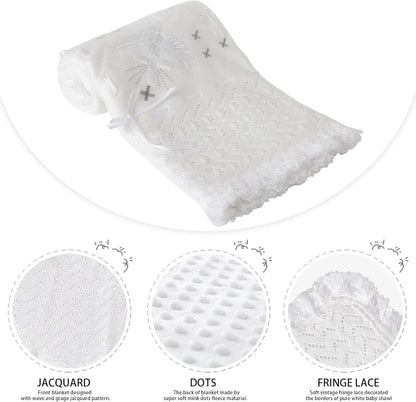 Booulfi Baby Christening Blanket Newborn White Baby Blanket Shawl Neutral Knitted Baptism Blankets