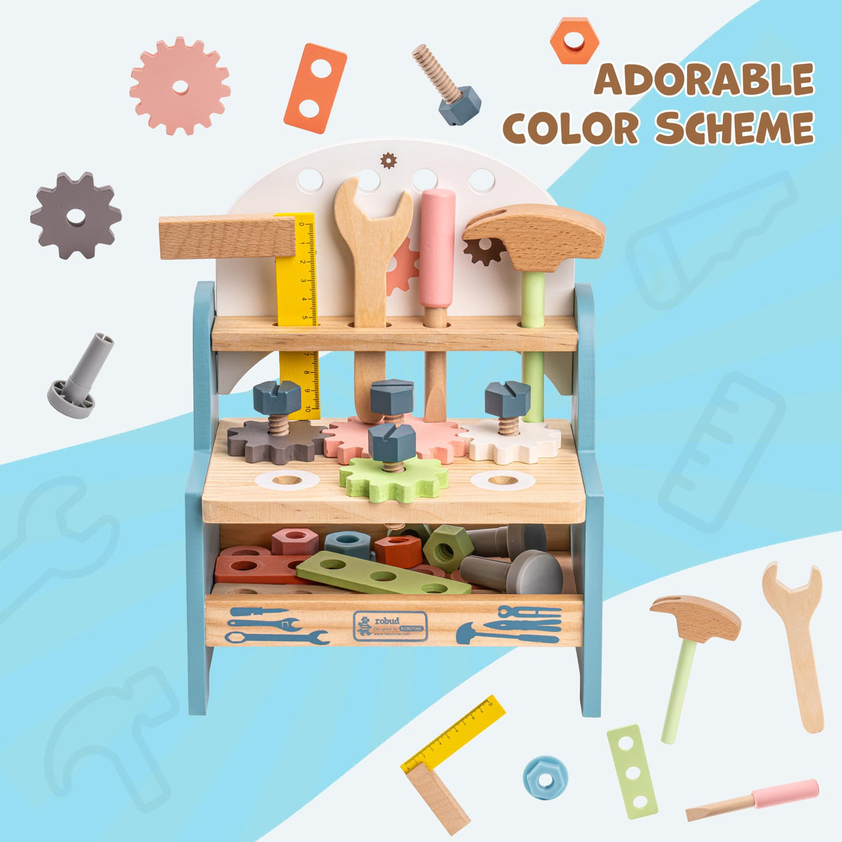 ROBUD Mini Wooden Play Tool Workbench Set for Kids Toddlers - Montessori Toys for 3 4 5 Years Old