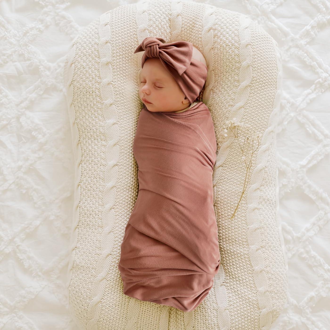 GRSSDER Newborn Swaddle Blanket, Ultra Soft Jersey Receiving Blanket with Matching Headband and