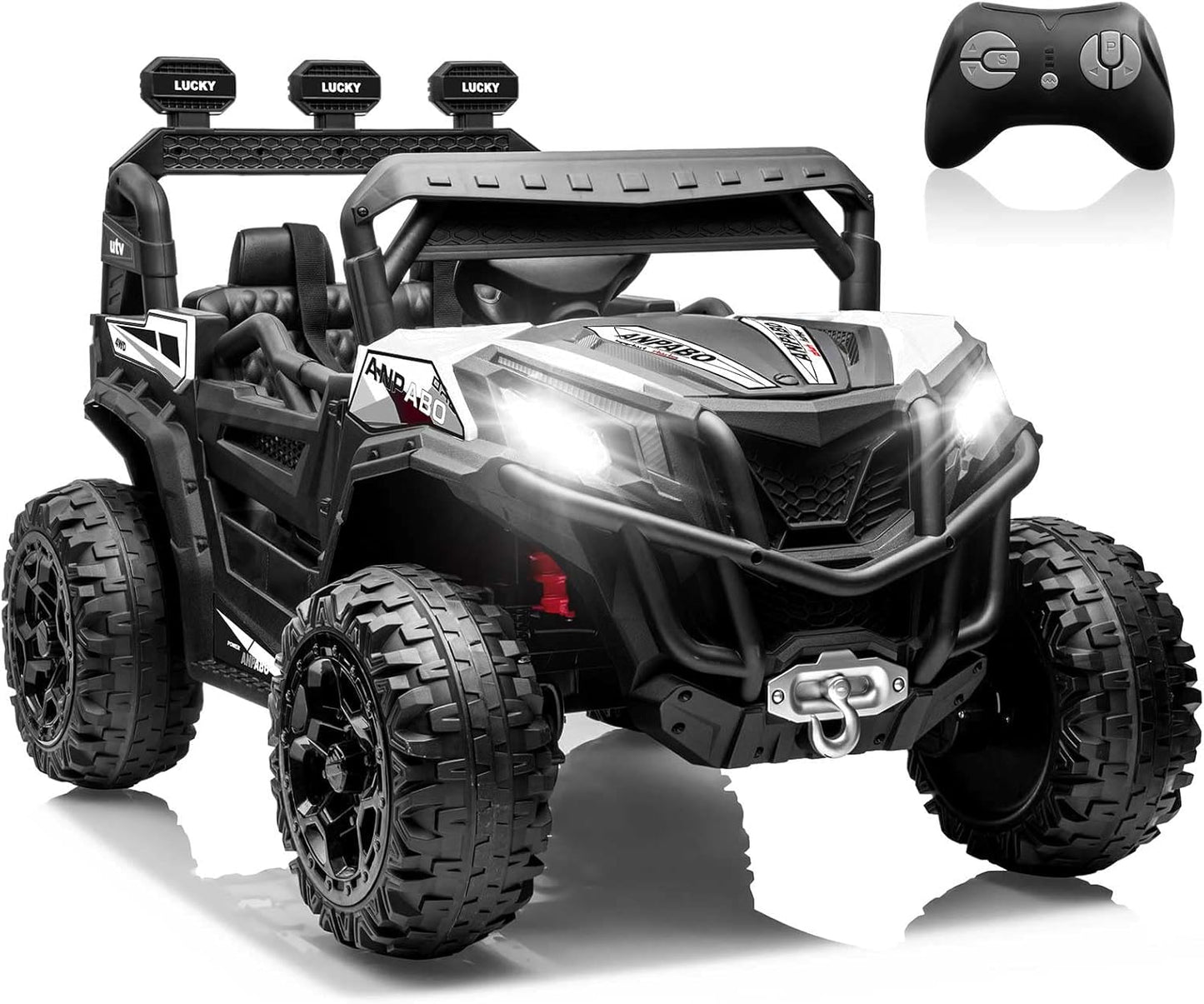 ANPABO 24V 4X4 Ride on Car Truck w/Remote Control, 4WD/2WD Switchable Kids UTV, 19" Spacious Seat