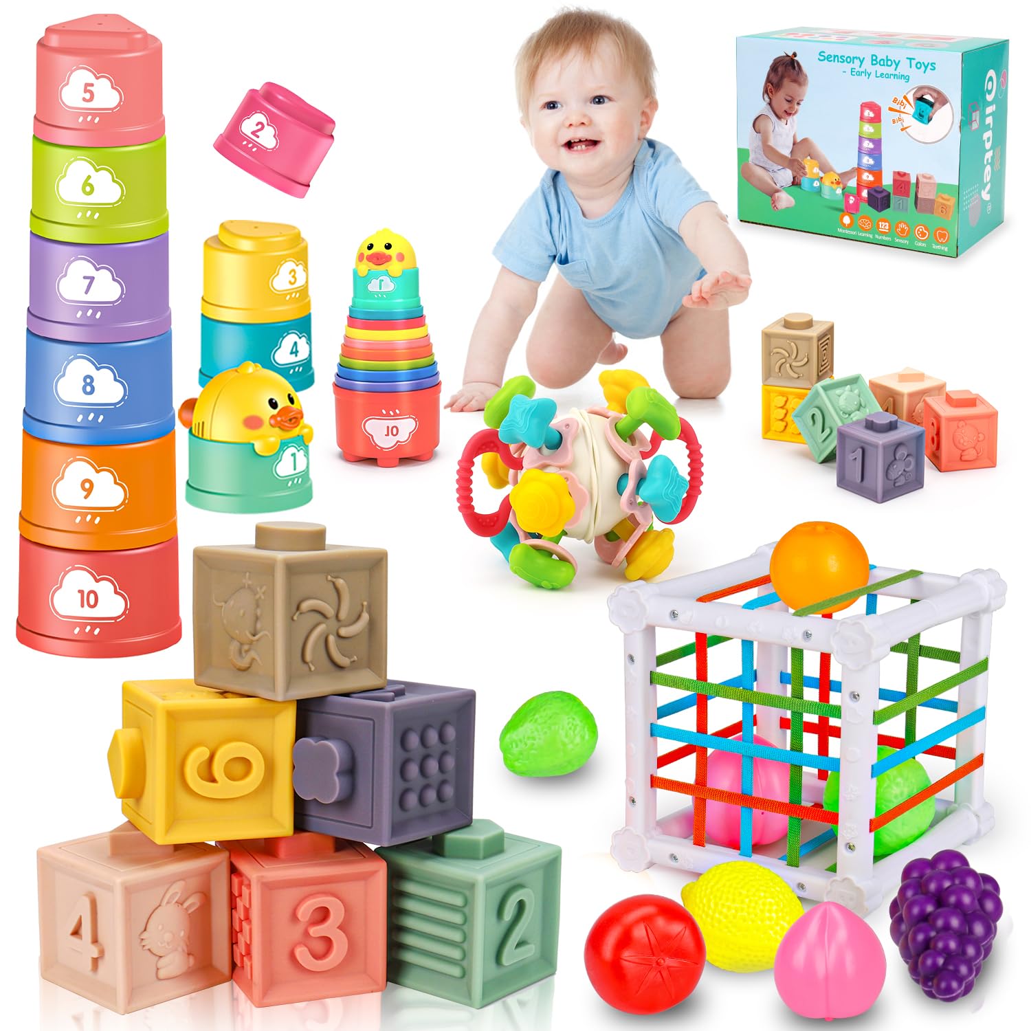 Qirptey Montessori Baby Toy,Stacking Cups Blocks Sensory Bin Teething Toys