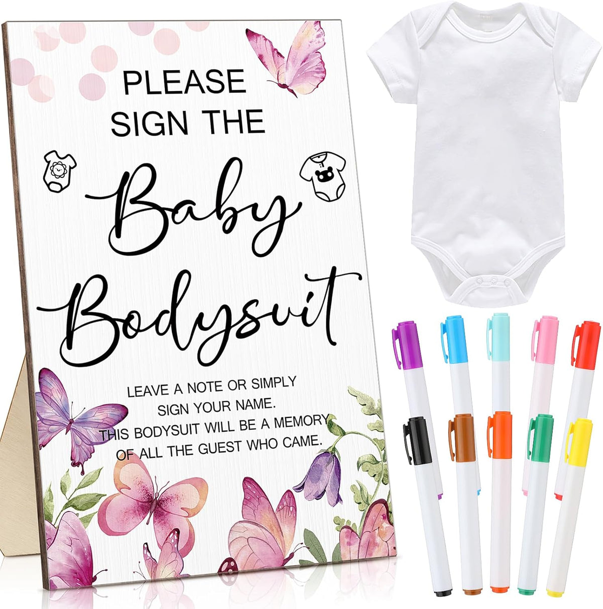 Qunclay 12 Pcs Baby Bodysuit Baby Shower Game Include 1 Game Wooden Sign Tabletop Decor 1 White