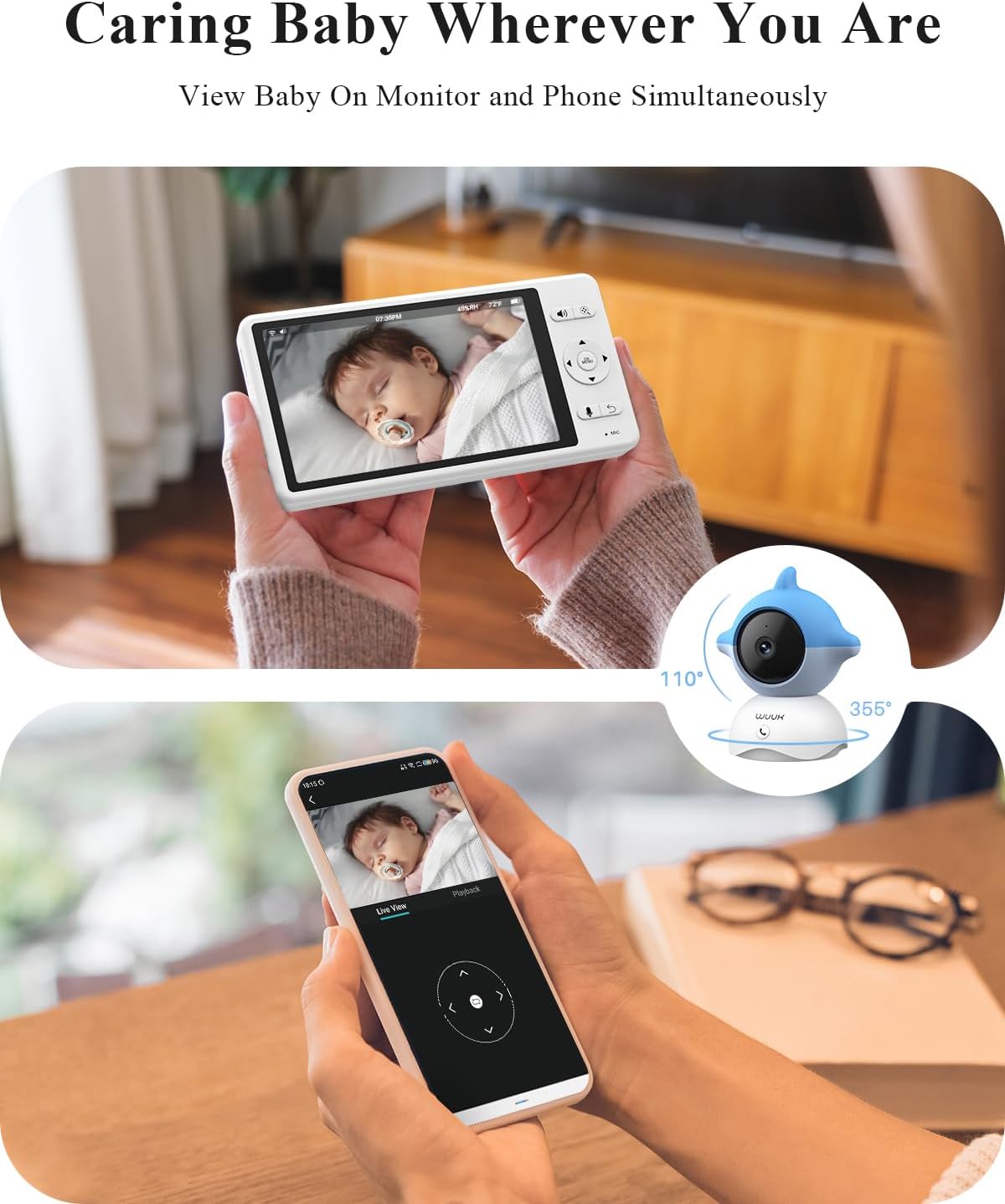 WUUK 2K Video Baby Monitor, 5.5'' Baby Monitor with 360 PTZ Color Display with 135° Wide Angle