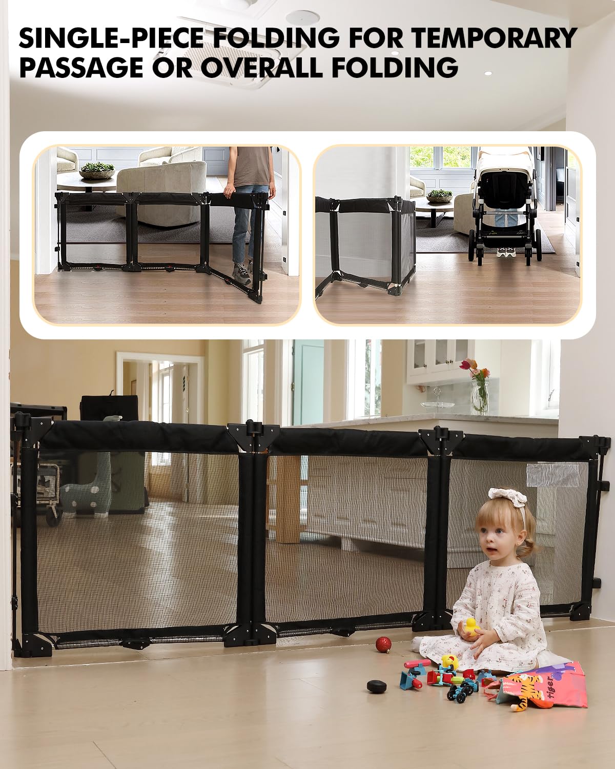 Extra Wide Baby Gate Playpen with Heat-Resistant Mesh,3 Panel Foldable Baby Fence,Indoor/Outdoor