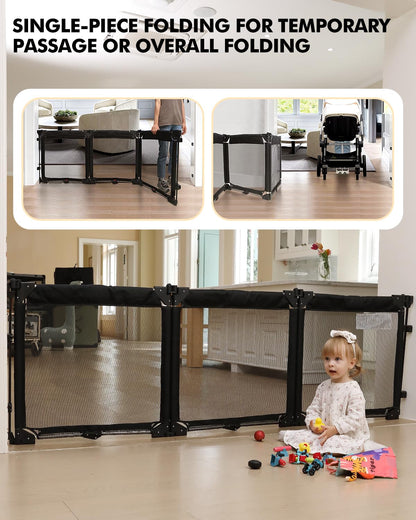 Extra Wide Baby Gate Playpen with Heat-Resistant Mesh,3 Panel Foldable Baby Fence,Indoor/Outdoor