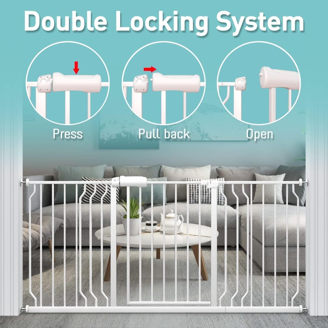 WAOWAO Baby Gate 57.48-62.17" Extra Wide Pressure Mounted Walk Through Swing Auto Close Safety