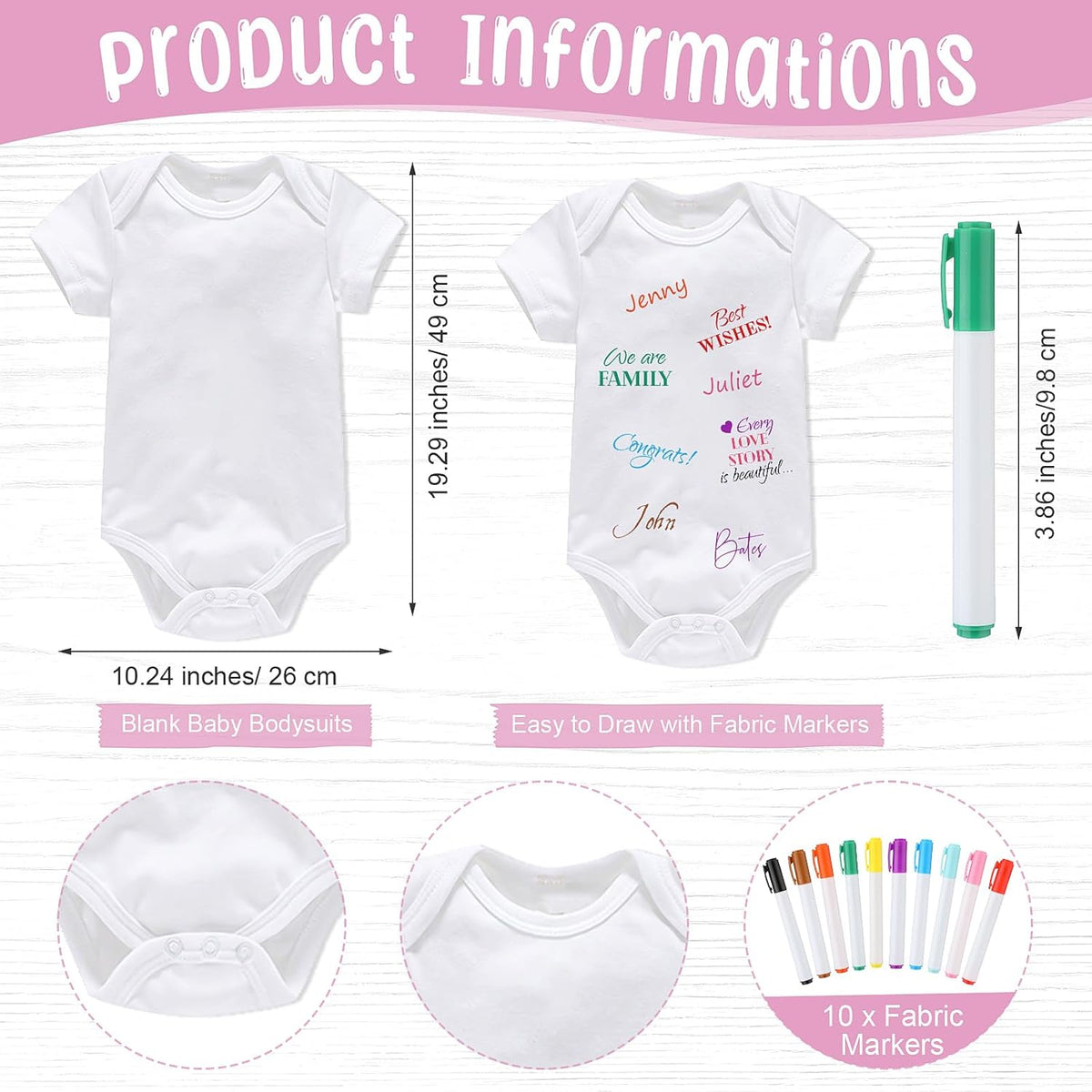 Qunclay 12 Pcs Baby Bodysuit Baby Shower Game Include 1 Game Wooden Sign Tabletop Decor 1 White