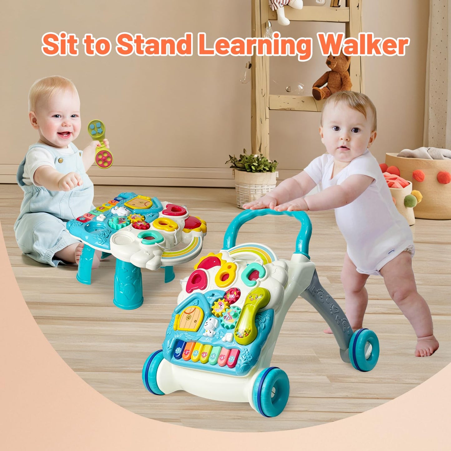 Sit to Stand Baby Walker Toy, Activity Center with Music and Light, Blue