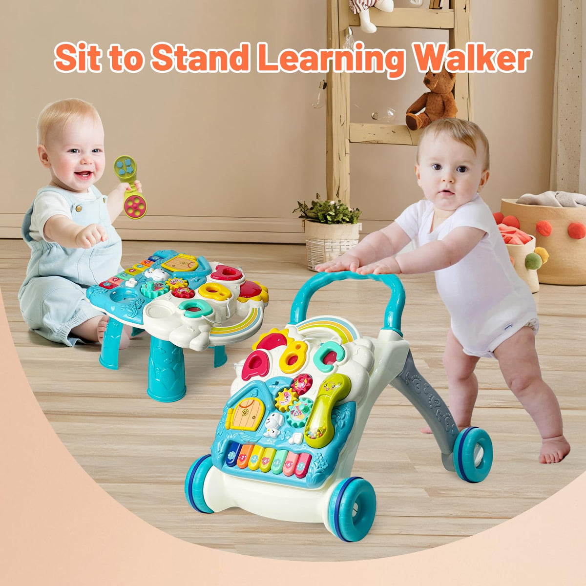 Sit to Stand Baby Walker Toy, Activity Center with Music and Light, Blue
