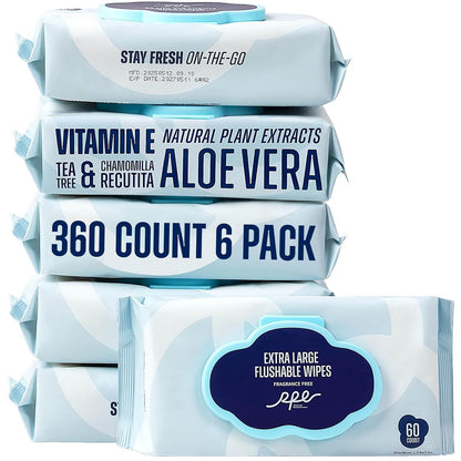 Flushable Wet Wipes - 6 Large Packs (360 Ct) - Unscented Extra-Large Body & Hand Tissue with