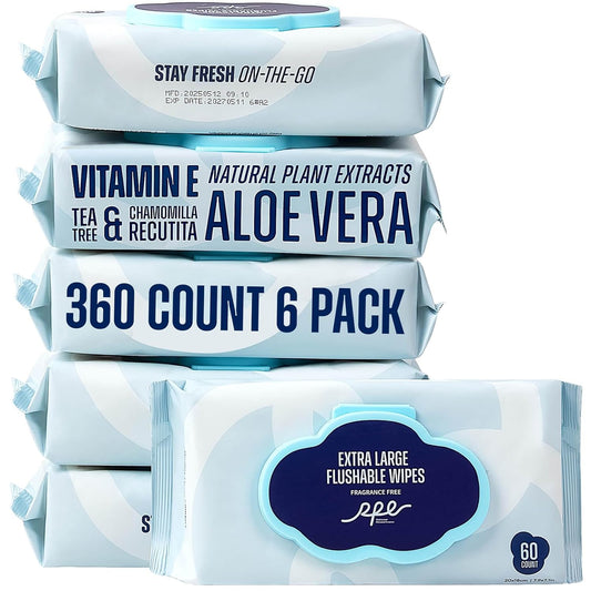 Flushable Wet Wipes - 6 Large Packs (360 Ct) - Unscented Extra-Large Body & Hand Tissue with
