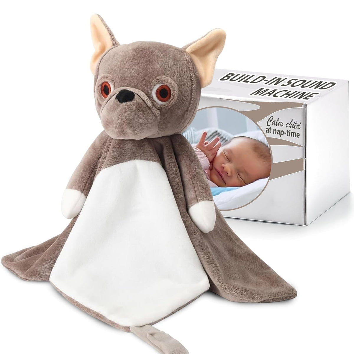 Love By Emi Baby Music Lovey Brown Bulldog, Baby Sleep Soother for Crib & Cuddle Bedtime, White