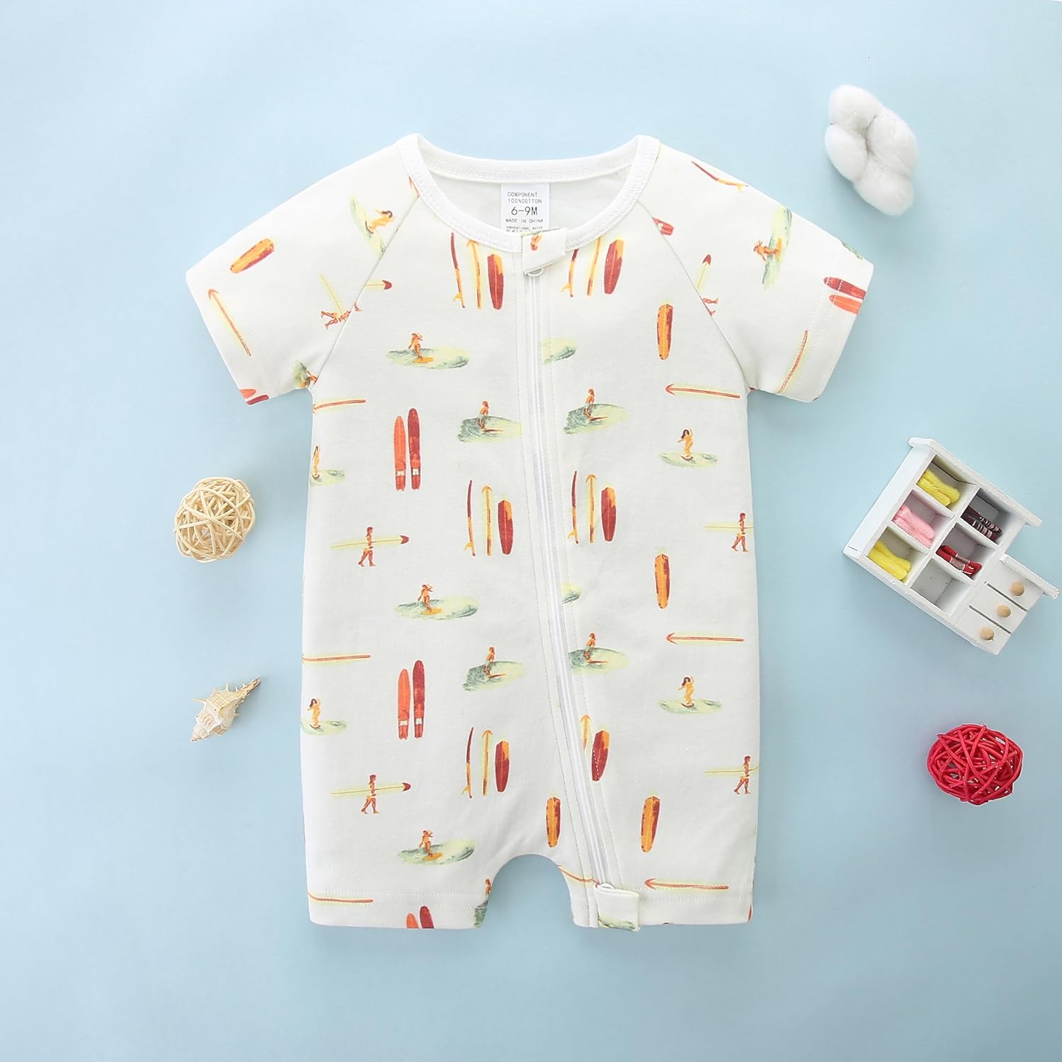 Unisex Summer Trendy 2-Pack Rompers Short Sleeve Zipped Bodysuit Infant Cotton Outfits