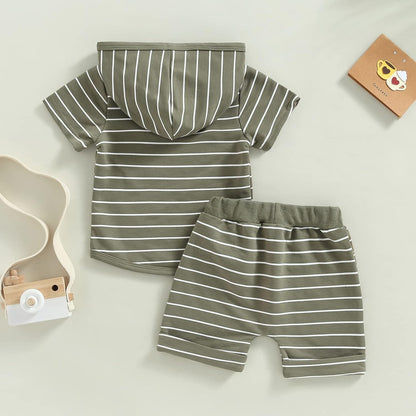 Toddler Baby Boy Summer Hooded Outfit Contrast Color Short Sleeve T Shirt Top Elastic Shorts Summer