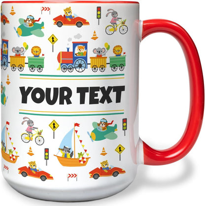 Personalized Mug for Kids - Vehicles - Custom Name/Text, Ceramic Hot Chocolate/Cocoa/Coffee Cup for