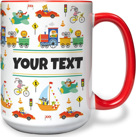 Personalized Mug for Kids - Vehicles - Custom Name/Text, Ceramic Hot Chocolate/Cocoa/Coffee Cup for