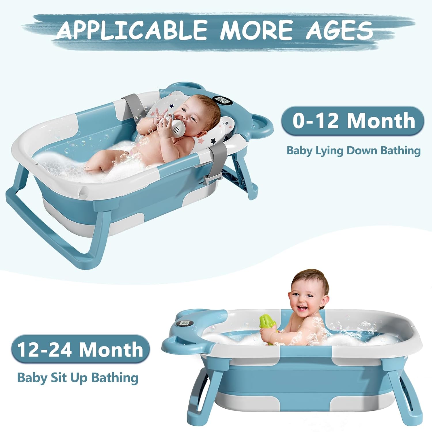 MoreFeel Collapsible Baby Bathtub for Newborn with Thermometer & 1 Hooded Towel & 1 Soft Floating