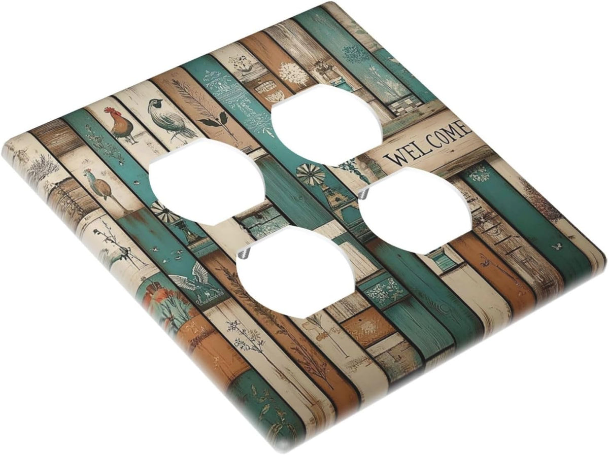 Outlet Covers Vintage Wood Brown Turquoise Splicing 2 Gang Double Duplex Decorative Light Switch