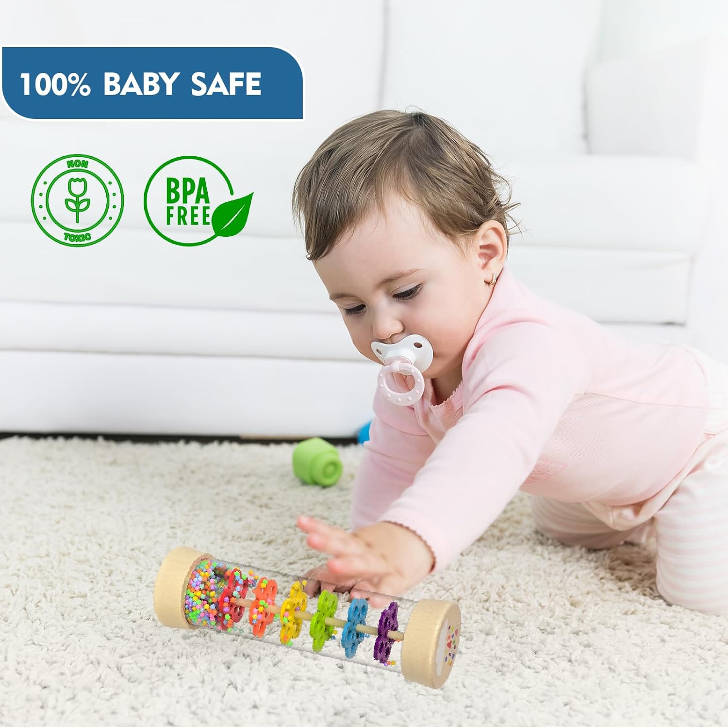 Rain Stick, Montessori Baby Toys for 6-12 Months 1 Year Old, Baby Rattle Wooden Sensory Toys, 7.7”