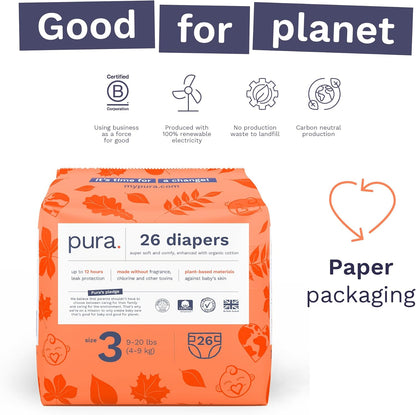 Pura Size 3 Eco-Friendly Diapers (9-20 lbs) Totally Chlorine Free (TCF) Hypoallergenic, Soft