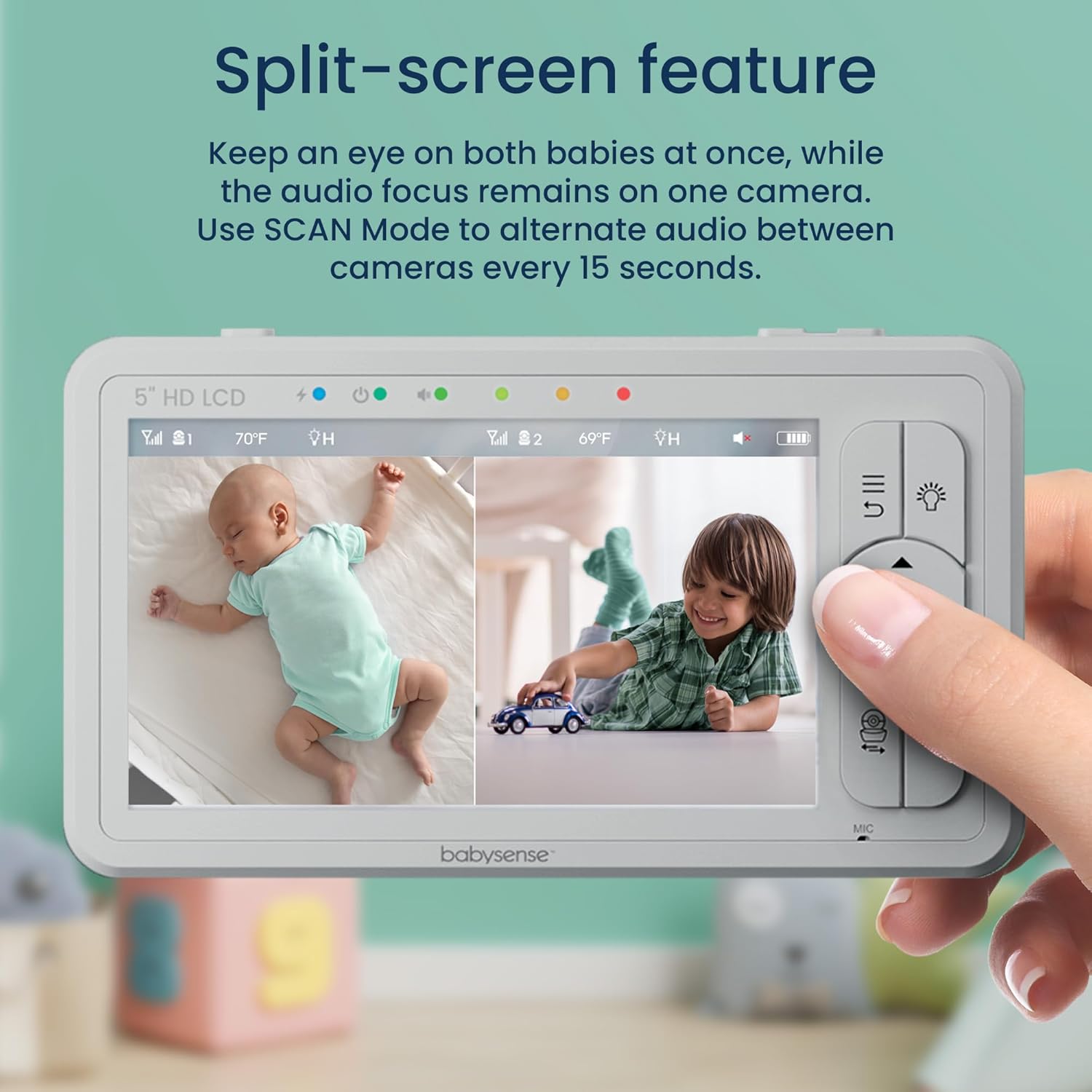 Babysense 5" HD Split-Screen Baby Monitor, Video Baby Monitor with 2 Cameras and Audio, Night
