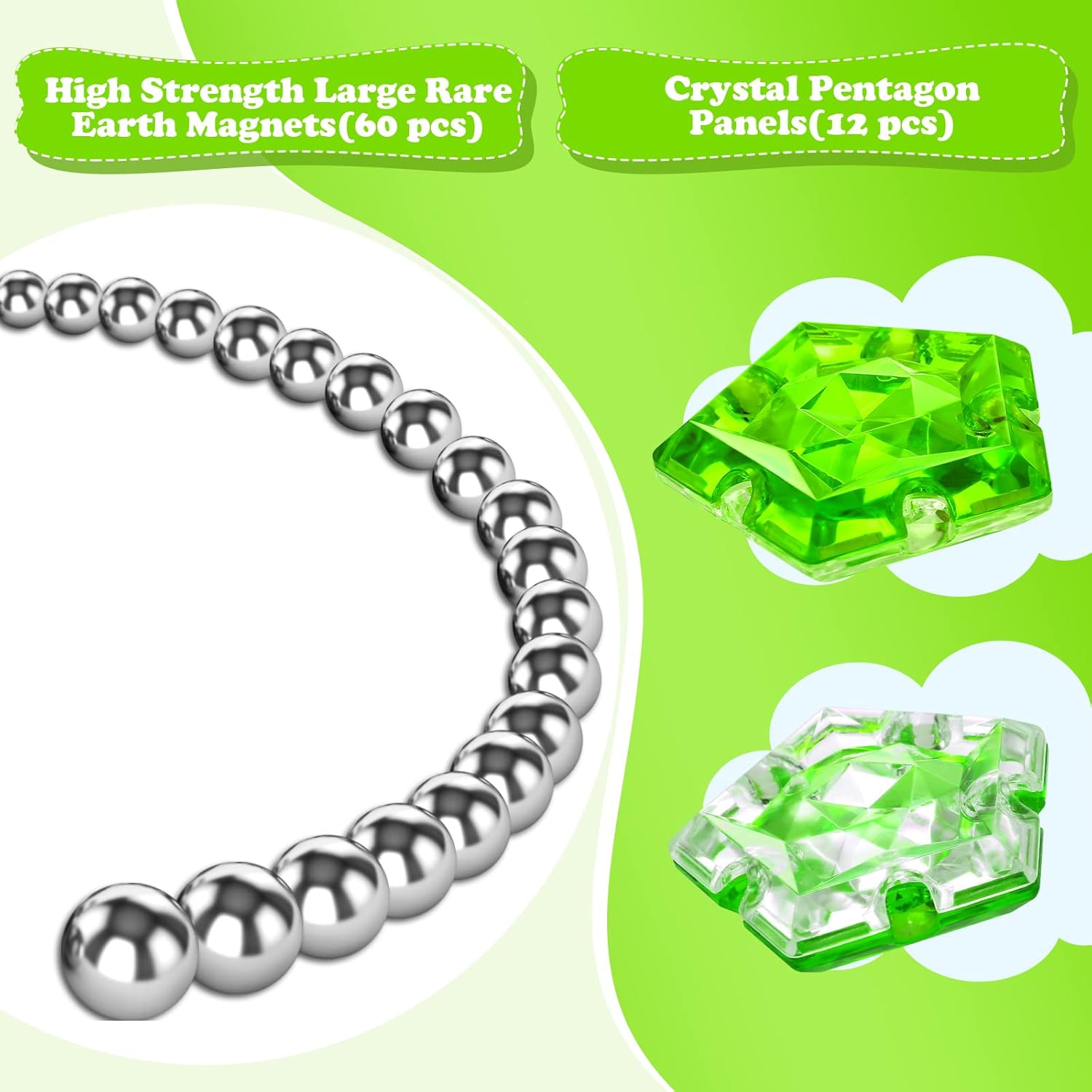 RoomyRoc Magnetic Fidget Sphere - Pentagons Magnets Balls - 12 Piece Set - Crystal Bright Green