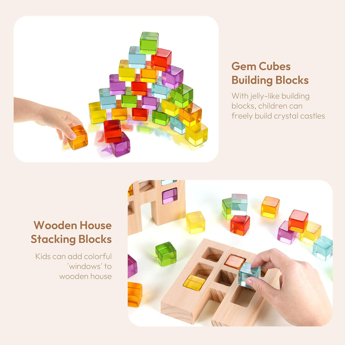 Wooden Building Blocks Set for Kids, 24 PCS Rainbow Gem Cubes Stacking Blocks - 2 Wood House