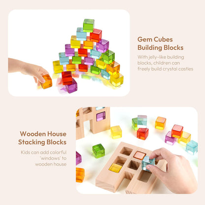 Wooden Building Blocks Set for Kids, 24 PCS Rainbow Gem Cubes Stacking Blocks - 2 Wood House