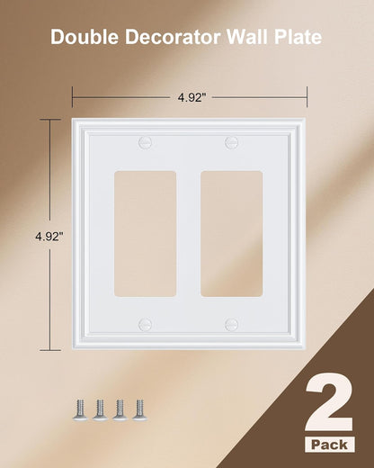 2-Pack Decorative Double Decorator Outlet Cover Plate, Durable Zinc Alloy Pure White Wall Plates