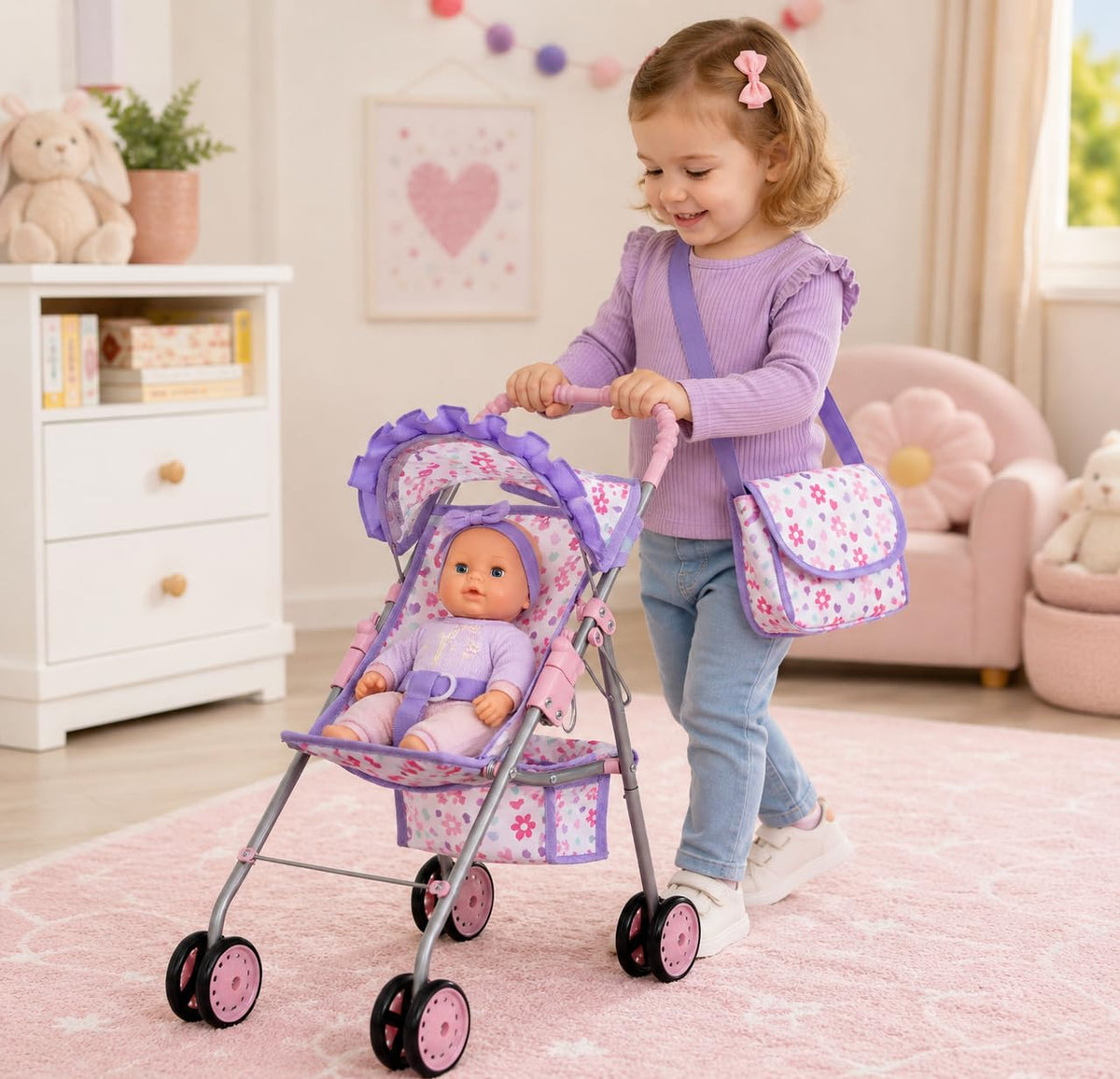 My First Baby Doll Stroller for Kids, Toddler Play Toy Doll Buggy Carriage Foldable with Canopy