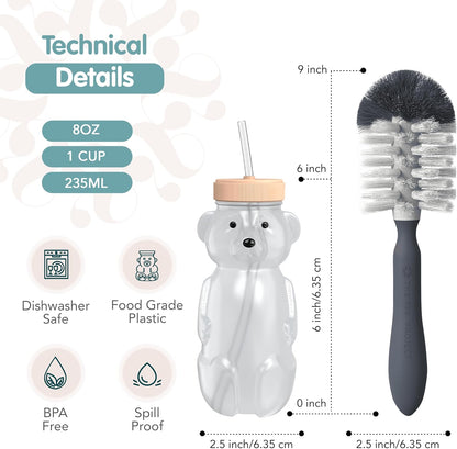 Honey Bear Straw Cup for Babies, 8oz Honey BearCup with Bottle Brush, 2-Pack Improved Lid Therapy