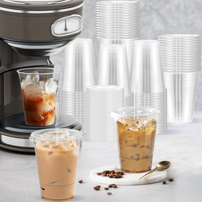 100 Pack - 16 oz Clear Plastic Cups with Lids and Straws, Sturdy & Food Safe Iced Coffee Cups with