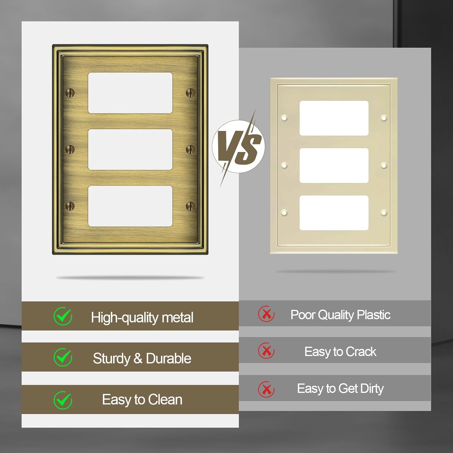2 Pack Triple Decorator Switch Covers Wall Plate, Antique Brass Metal Material Rocker Switch