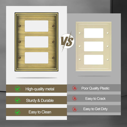2 Pack Triple Decorator Switch Covers Wall Plate, Antique Brass Metal Material Rocker Switch