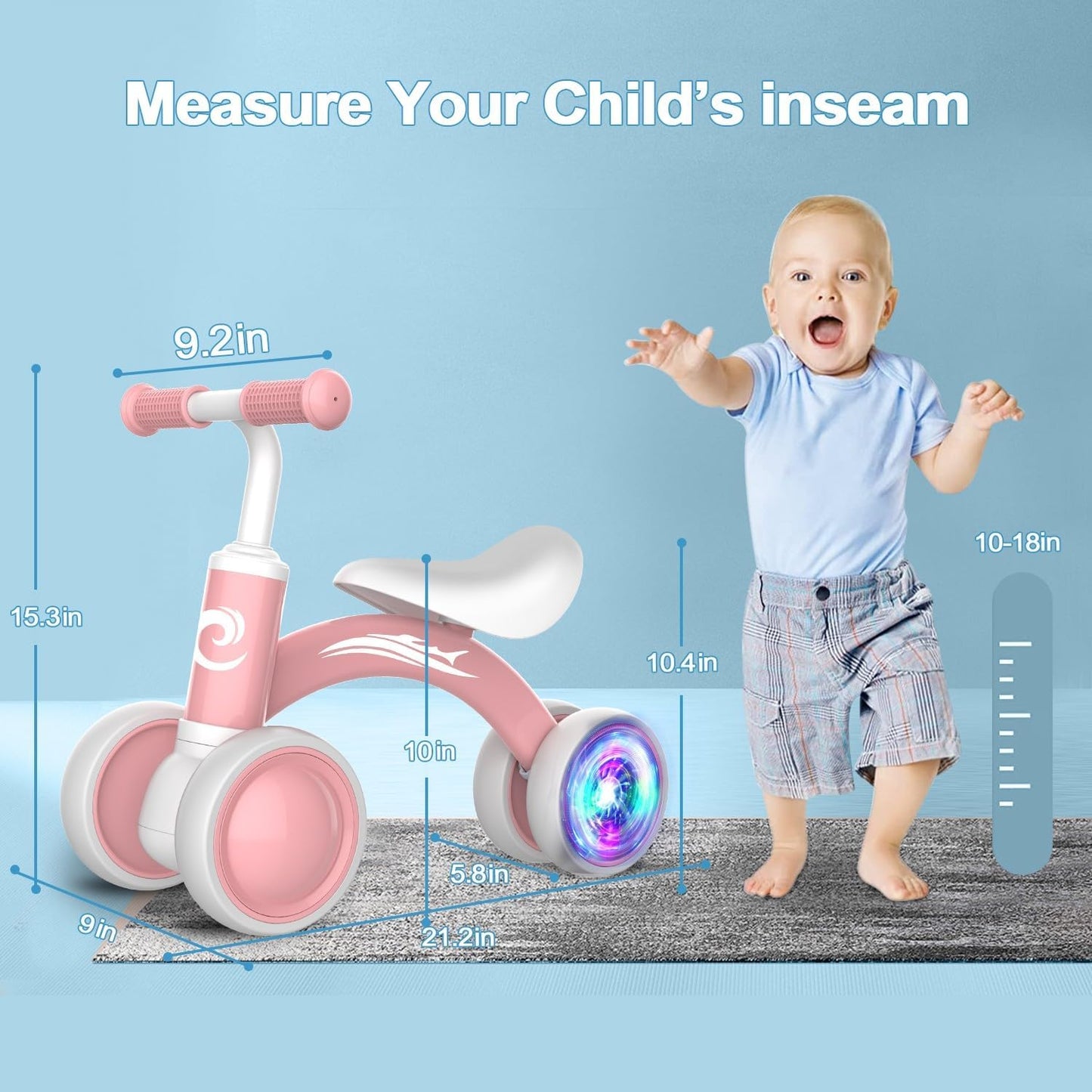 Colorful Lighting Baby Balance Bike Toys for 1 Year Old Girl Gifts, 10-36 Month Toddler Balance