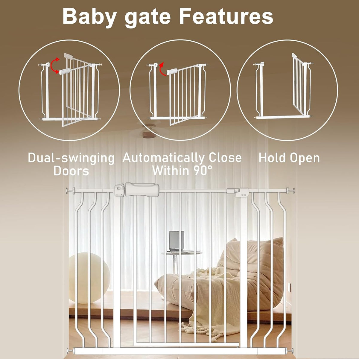 ALLAIBB Extra Wide Baby Gate Pressure Mount with Auto-Close, White Metal Safety Gate for Stairs &