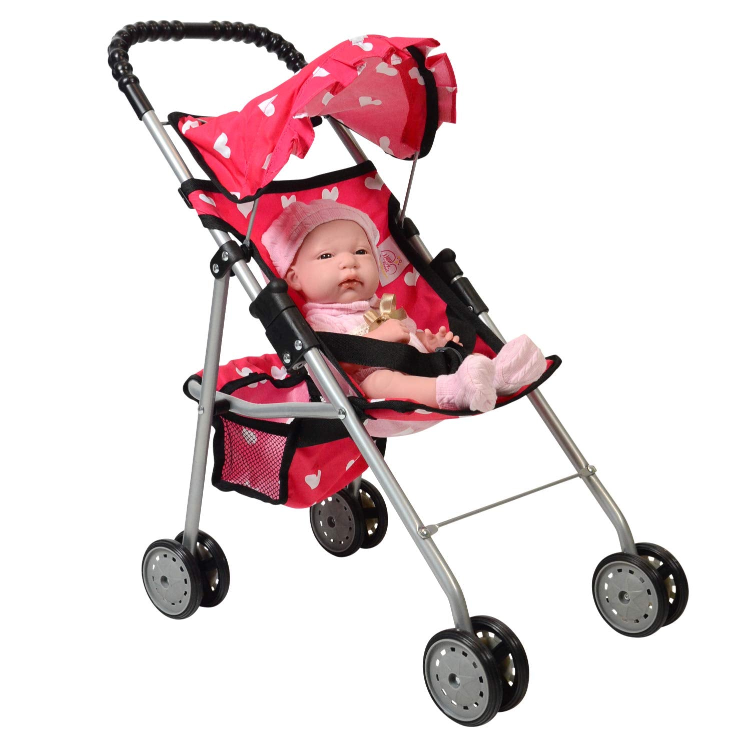 The New York Doll Collection My First Doll Stroller with Basket & Heart Design Foldable Doll
