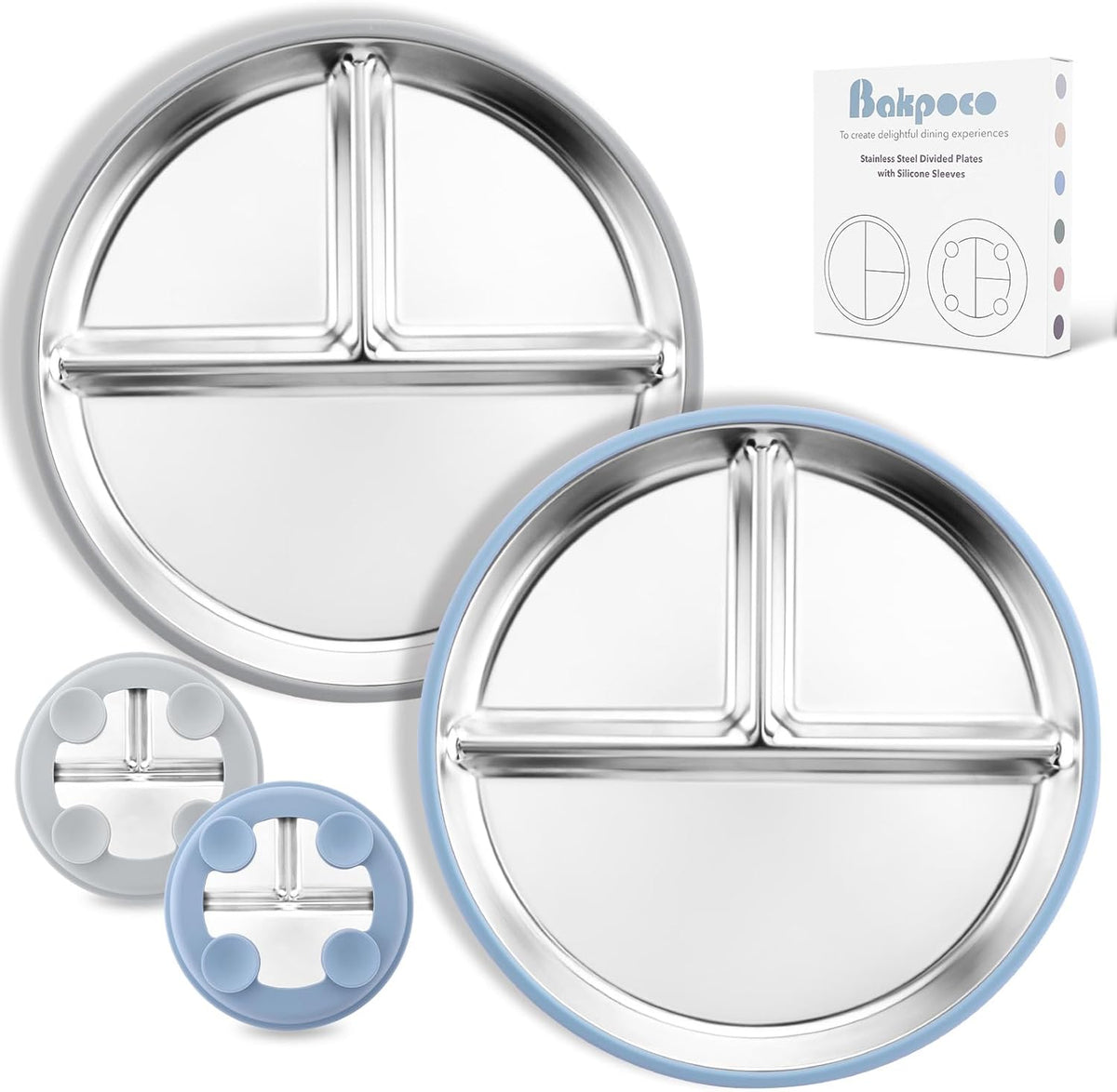 Stainless Steel Toddler Plate with Suction, 9” Divided Plates with Removable Silicone Sleeves for