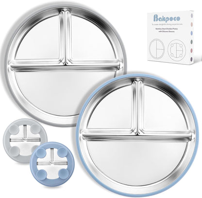 Stainless Steel Toddler Plate with Suction, 9” Divided Plates with Removable Silicone Sleeves for