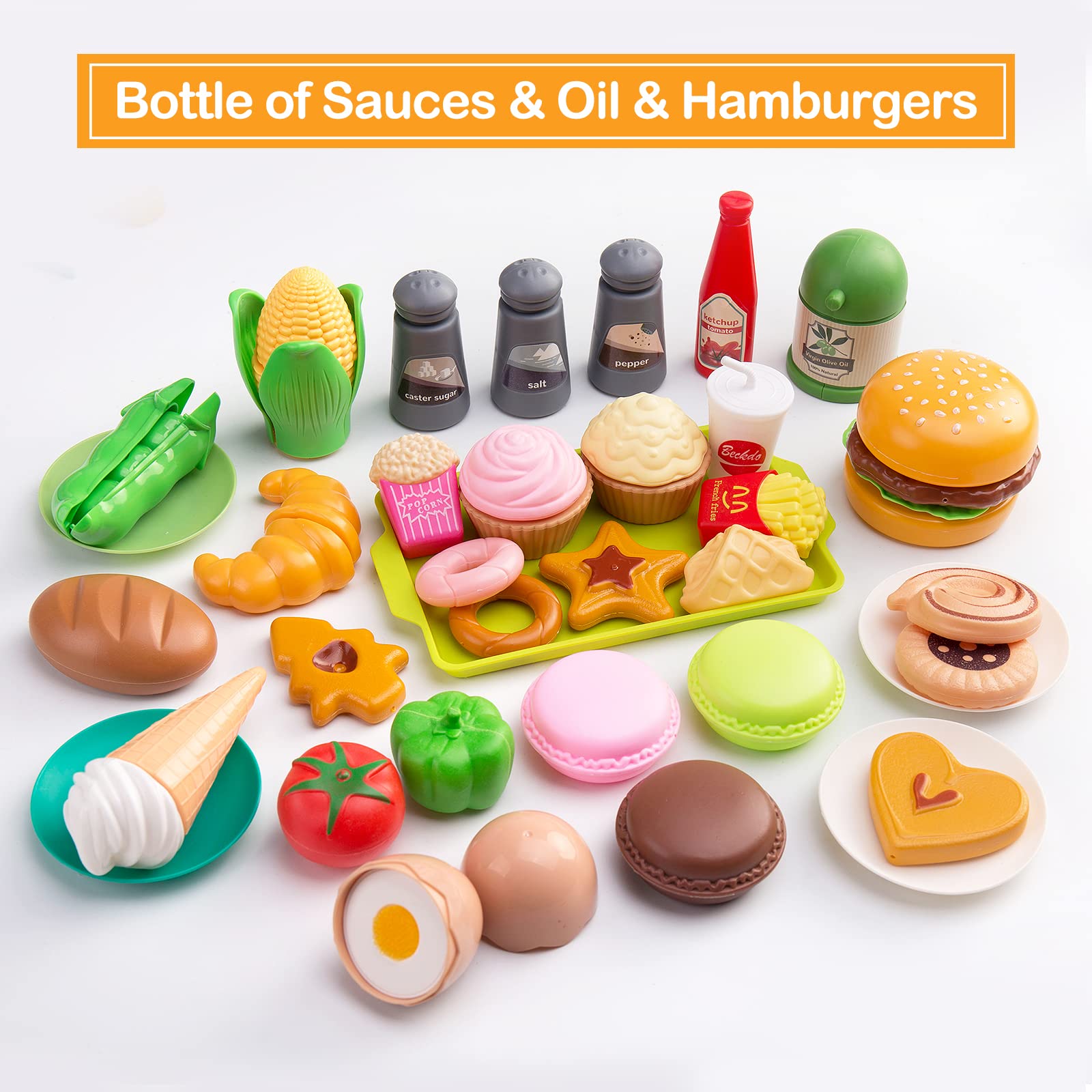 130Pcs Kitchen Playset, Toddler Pretend Cooking Play Pots, Pans, Utensils Cookware, Daily Food
