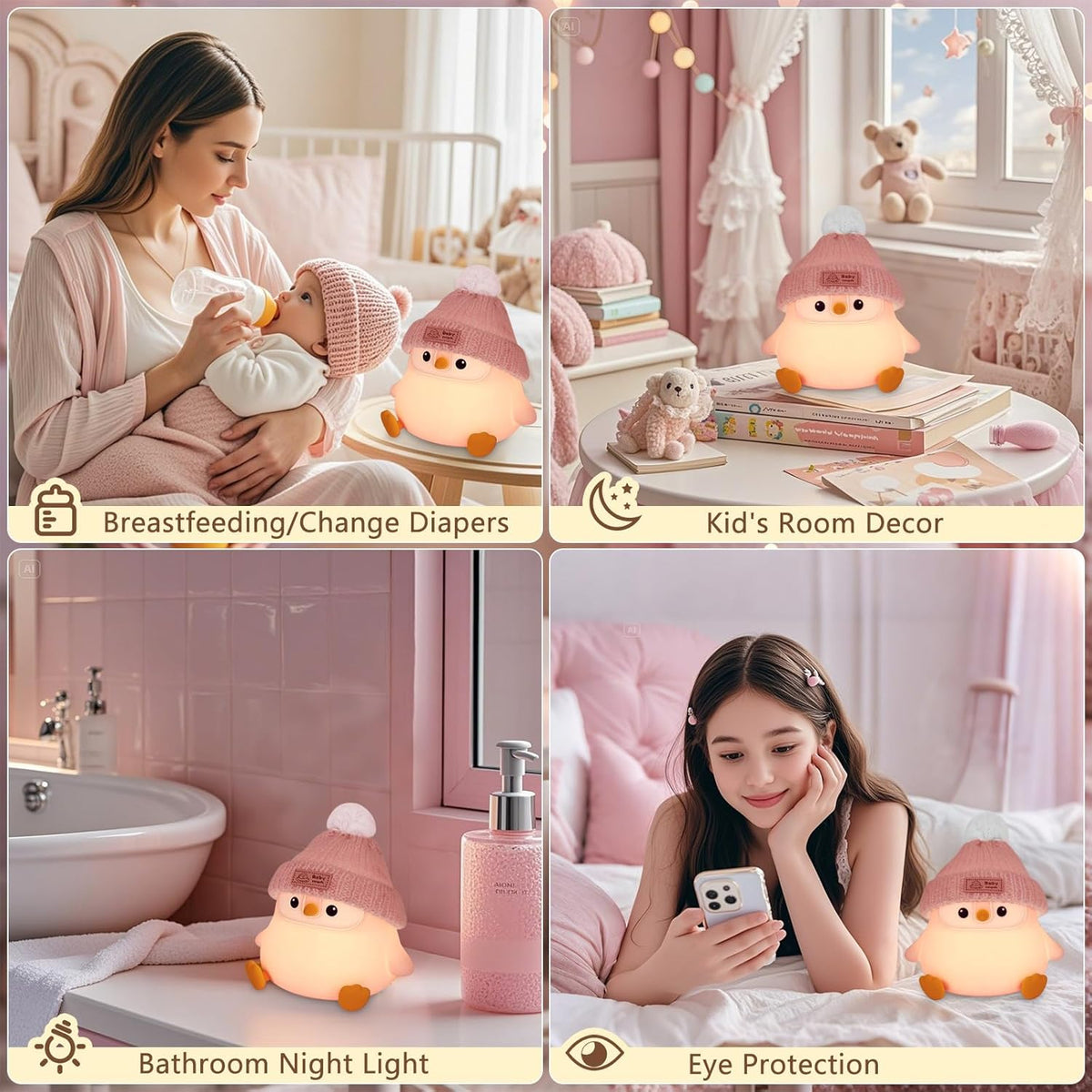 Penguin Silicone Night Light, Cute Pink Penguin Lamp with Knitted Hat, Soft Nursery Nightlight, USB