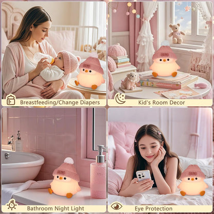 Penguin Silicone Night Light, Cute Pink Penguin Lamp with Knitted Hat, Soft Nursery Nightlight, USB