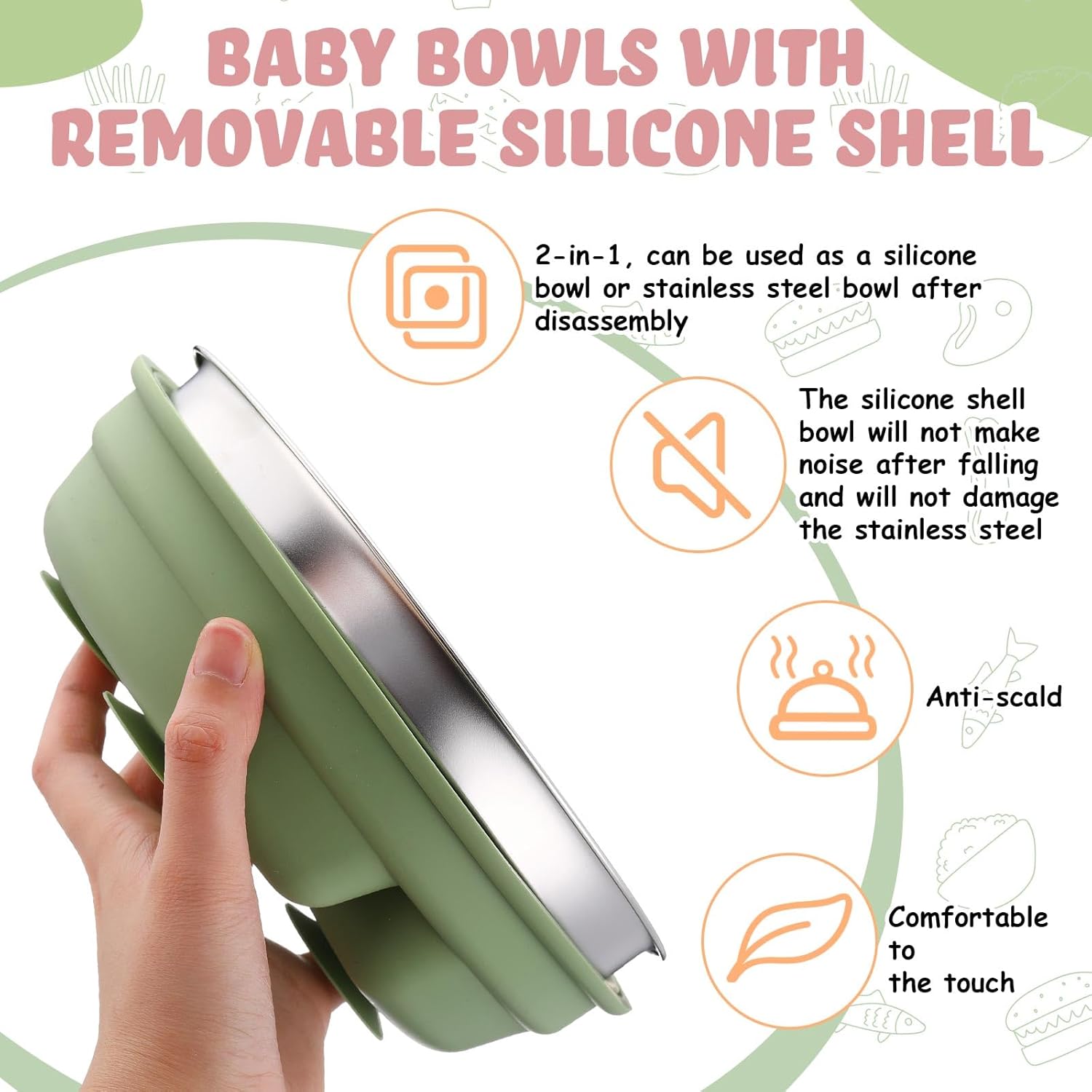 Nuogo 3 Pcs Stainless Steel Baby Suction Plates with Removable Silicone Shell 2-in-1 Metal Toddler